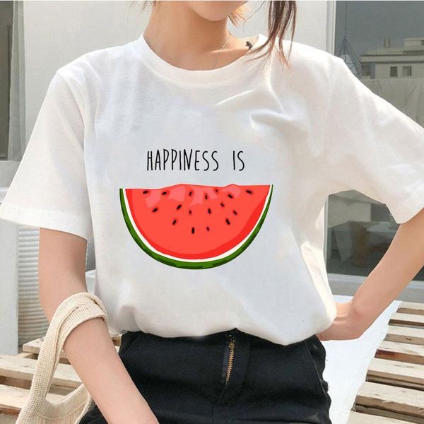 

summer 2021 tees happiness is watermelon print retro harajuku women's t-shirt casual female t shirt women plus size femme, White