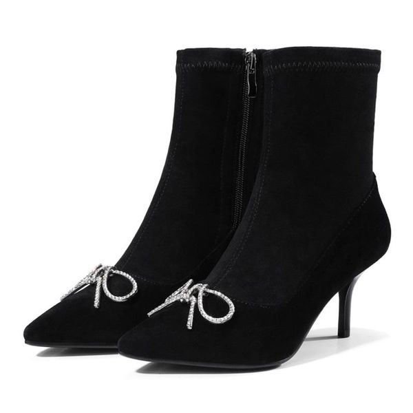 

boots selling luxury crystal bowtie ankle pointed toe high heel women glitter rhinestone stretch woman party shoes, Black