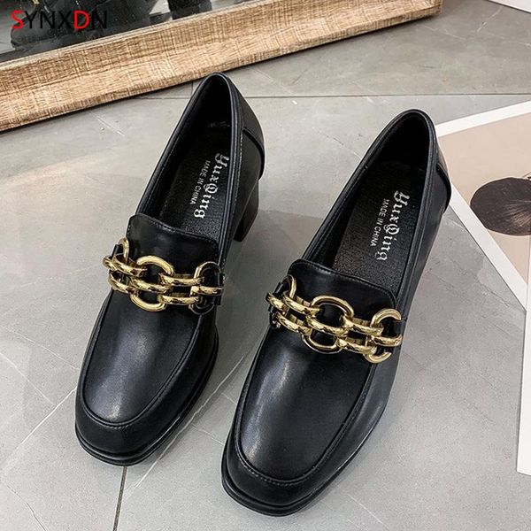 

dress shoes wohdhe retro women pumps chunky heels office ladies leather chain buckle solid black loafers round toe platform 7cm