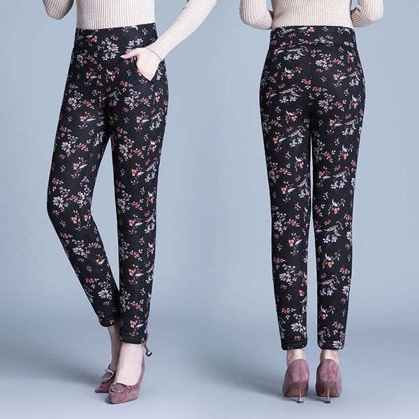 

new 2021 autumn winter middle age women plus thick veet leggings female mom high elastic print flower trouser warm pants a444hequ, Black