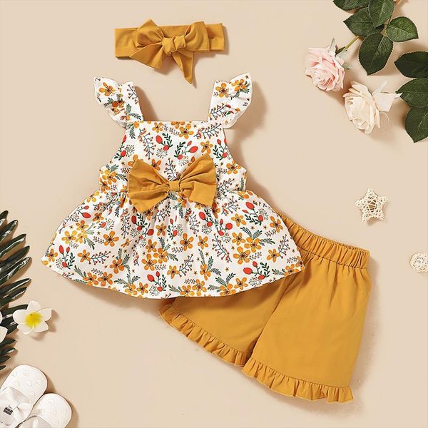 

toddler baby girls clothes sets fashion sleeveless floral print suspender ruffles shorts outfits casual kids girl clothing, White