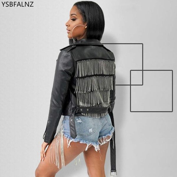 

women's jackets fringe coat faux pu leather cropped jacket with belt 2021 spring women long sleeve lapel zipper tassel basic streetwear, Black;brown