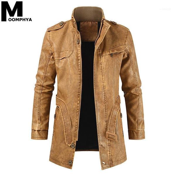 

men's jackets moomphya long style winter leather jacket men streetwear warm fleece clothes 2021 windbreaker casual coat1, Black;brown