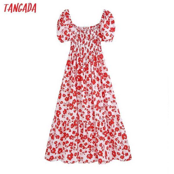 

tangada women red floral print ruffled sundress intage puff sleeve smocked elastic female dresses mujer be659 210609, Black;gray