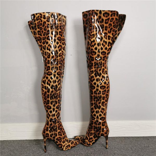 

boots ins long women over-the knee patent leather leopard europe and america women's sexy, Black