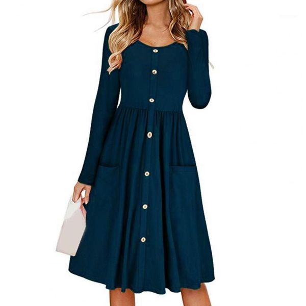 

casual dresses o neck pleated hem midi dress long sleeve buttons closure pockets women tunic streetwear, Black;gray