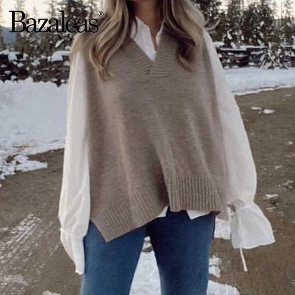 

women's vests bazaleas vintage khaki loose knitted tank autumn sleeveless pull femme chicv neck women sweater casual1, Black;white