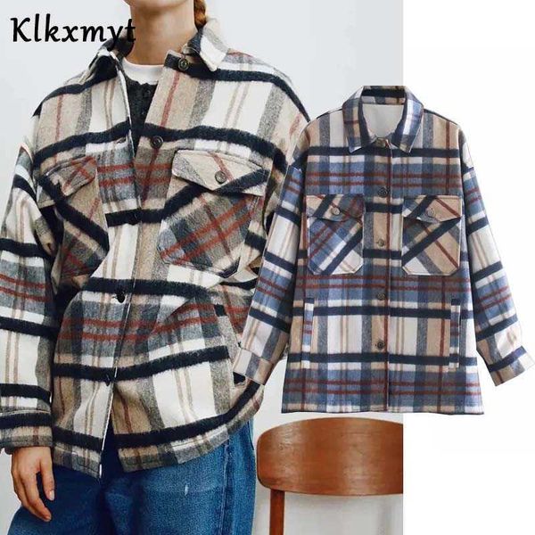 

klkxmyt za women fashion oversized plaid shirts jacket coat vintage long sleeve pockets female outerwear chic 210527, Black;brown