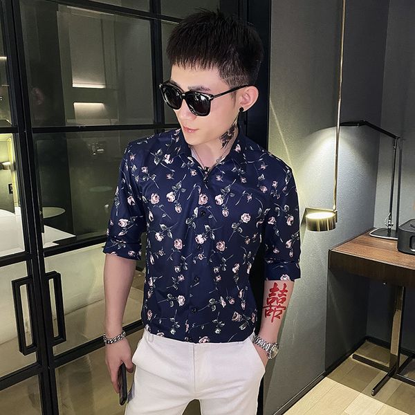 

new primavera vero masculina floral camisas meia manga moda 2021 magro ajuste casual streetwear/clube/baile de formatura todos os jogos blus, Black;brown