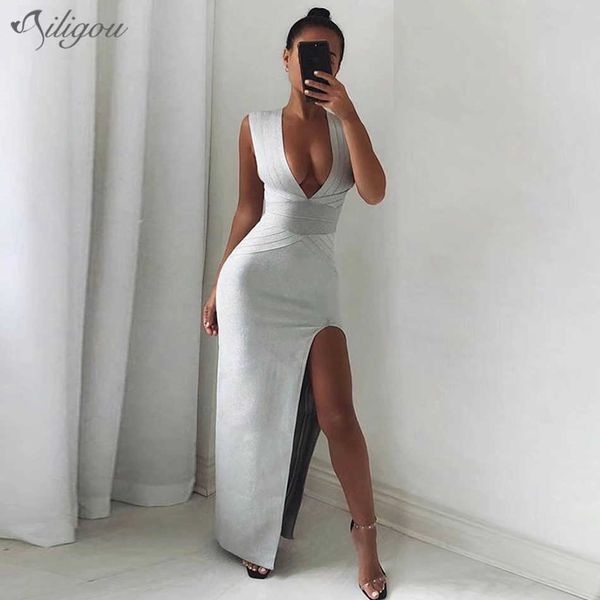 Frauen Hohe Qualität Grau V-ausschnitt Ärmellose Strumpfhosen Split Lange Rayon Verband Kleid Sexy Party Vestidos 210527