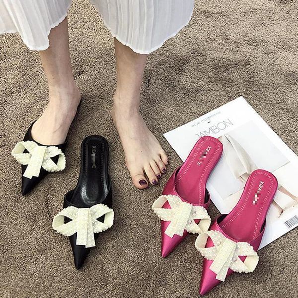 

slippers flats sandal for women 2021 summer butterfly-knot string bead pointed toe slides women's slipper casual flat flip flops, Black