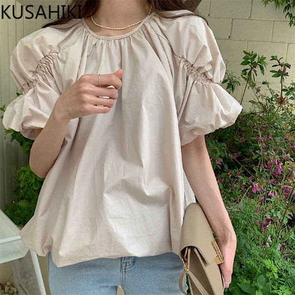 

kusahiki chic folds puff sleeve women blouse causal o-neck summer shirt korean solid pullover blusas de mujer 6j195 210602, White