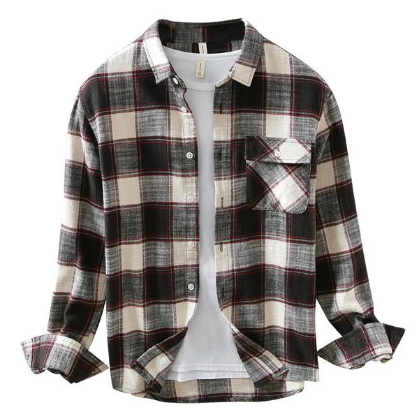 

autumn and winter new men's casual cotton plaid long sleeve shirt coat, White;black