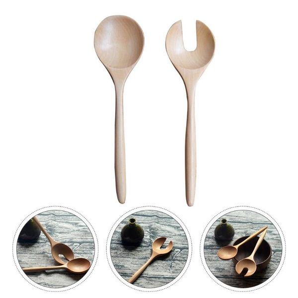 

spoons 1 set 2pcs salad spoon round wood and fork servers color