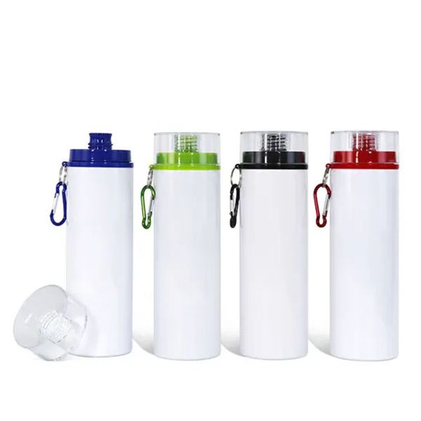 4 Farben 750 ml Tassen Sublimation Blanks 25oz Wasserflasche Tumbler Travel Sport Aluminium Becher Trinkbecher DIY Kunde mit transparenten Deckelmodell -Metallschlüsselkette