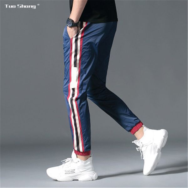 

mens drawstring slim pants fashion trend letter pattern breathable casual trousers male summer new flimsy hip hop sports traight pants, Black