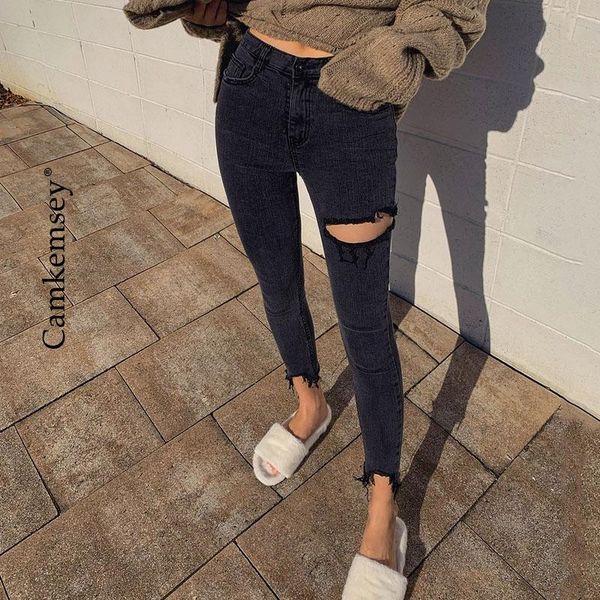 

women's jeans korean high waist ankle length stretched skinny woman spring tide irregular ripped holes women pencil denim pants, Blue