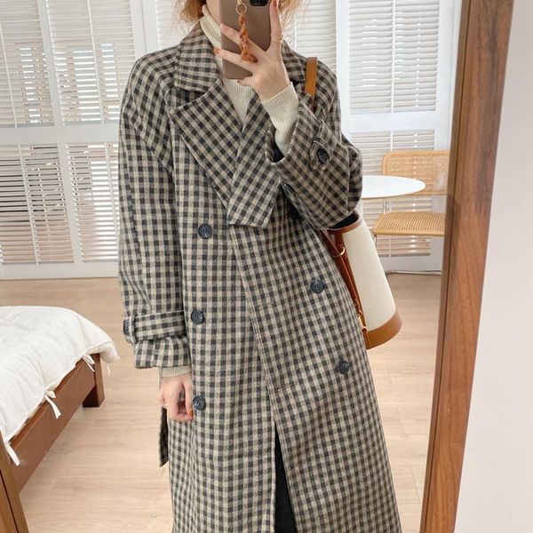 

women's wool & blends x-long woolen coat casual women loose double breasted blouse plaid winter long sleeve thick female outwear, Black