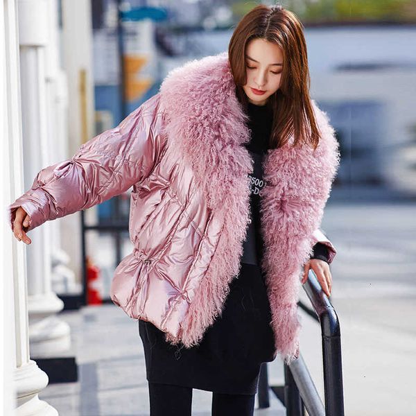 

women's winter silver white duck down jacket glossy new 2021 big real fur collar pink blue warm parkas for female short coats sh190913, Black