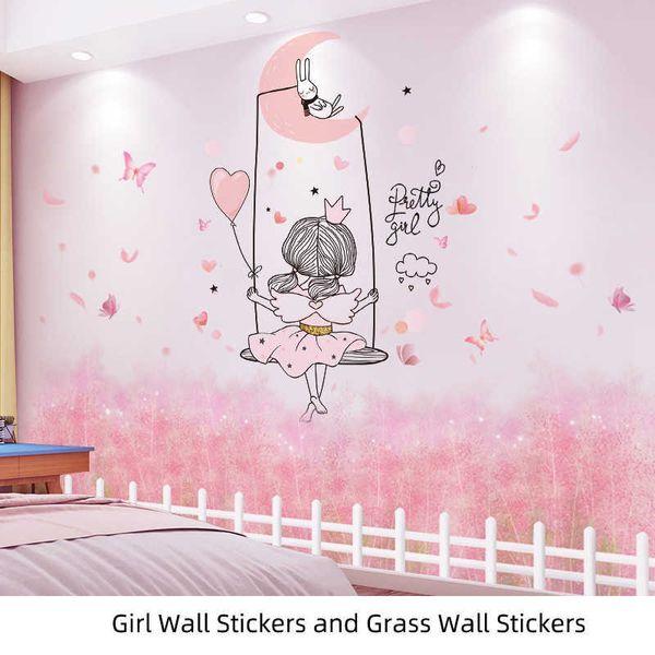 [Shijuekongjian] Cartoon Girl Adesivos de Parede Diy Grama Caótica Plantas Mural Decalques Para Crianças Quartos Casa de Bebê Casa Decoração 210615