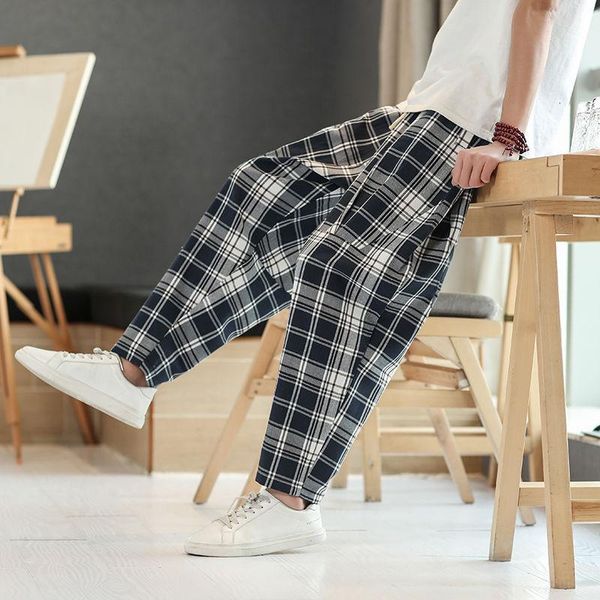 

2021 new arrivals plaid pure cotton casual british style loose-fitting blue harem pants sport ing, Black