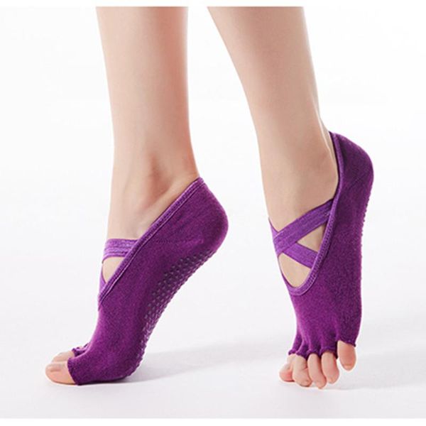 

sports socks women yoga fit ballet pilates exercise training wear non-slip five finger solid color cross bandage 2 pairs, Black