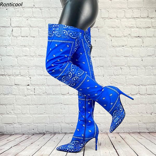 

boots ronticool handmade women winter thigh satin ethnic stiletto heel pointed toe blue black red club shoes us size 5-15