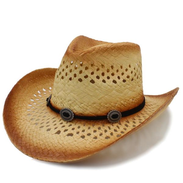 

cloches fashion women men western cowboy hat with leather band handmade weave lady gentleman beach sun sombrero cowgirl size, Blue;gray