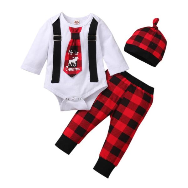 Conjuntos de roupas opperiaya 3 pcs nascido terno toddler bebê meninos meninas o-pescoço manga comprida gravata bodysuit vermelho e preto calças xadrez chapéu