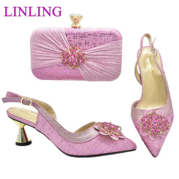 

dress shoes 2021 italian design lastest special narrow band and flower style mid heels african party women bag set in pink color, Black