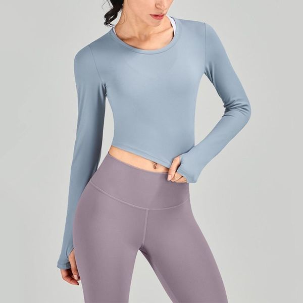 

yoga outfit long sleeve round neck t-shirt women navel bare sport gym clothing running workout fitness slim crop female clothes