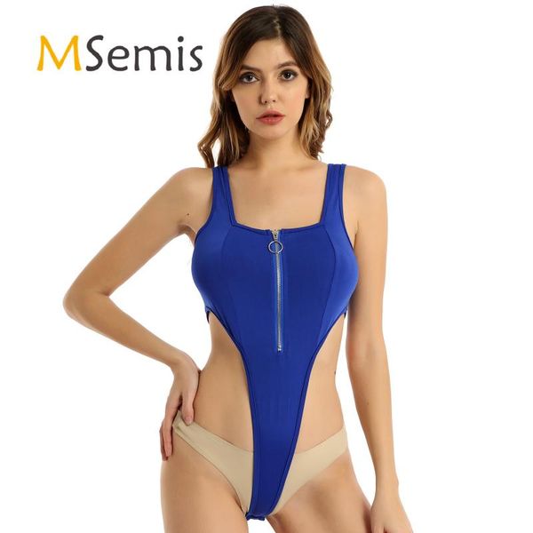 

womens monokini swimsuit square neck front zipper bodycon bodysuit lingerie underwear high cut thong sleeveless leotard swimwear