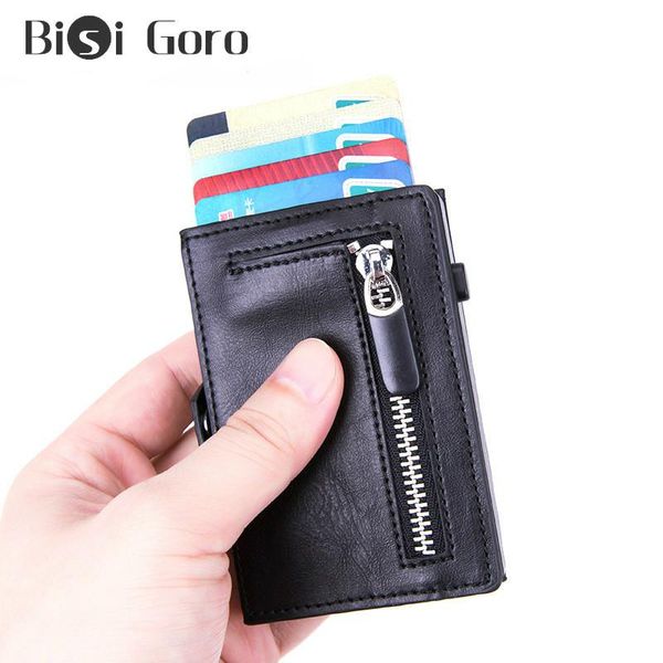 

card holders bisi goro 2021 button rfid holder hasp single box smart wallet men automatic id case zipper coin purse, Brown;gray