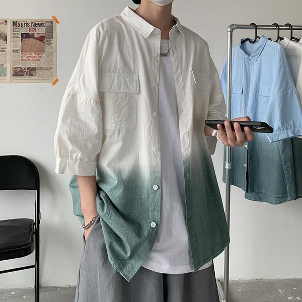 

men's casual shirts summer men shirt short sleeve gradient male hawaii streetwear holiday camisa hombre, White;black
