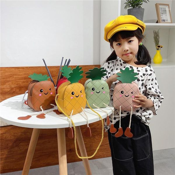 

children lovely coin purse pu leather cartoon pineapple girls crossbody bags kids mini shoulder cute accessories money bag, White