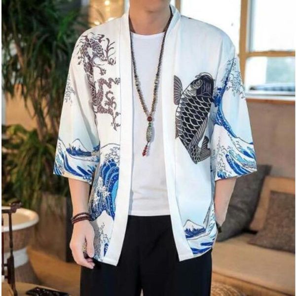 

men's casual shirts summer blouse men hawaiian shirt japanese style fish print loose kimono cardigan 2colors camisa masculina, White;black