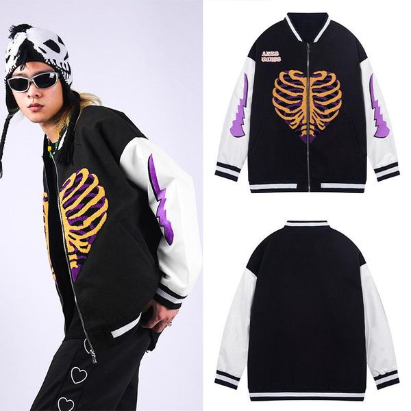

men's jackets 2021 baseball men street furry letter bone embroidery patchwork jacket hip hop chaqueta loose couple casual coat, Black;brown