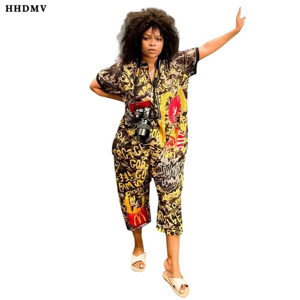 

women's jumpsuits & rompers hhdmv summer casual holiday pastoral style half sleeve zipper printed loose camouflage long pants, Black;white