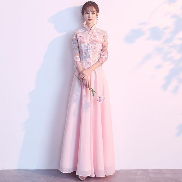 

ethnic clothing lady sweet mesh bridesmaid dresses exquisite flower embroidery formal party dress elegant mandarin collar chinese banquet go, Red