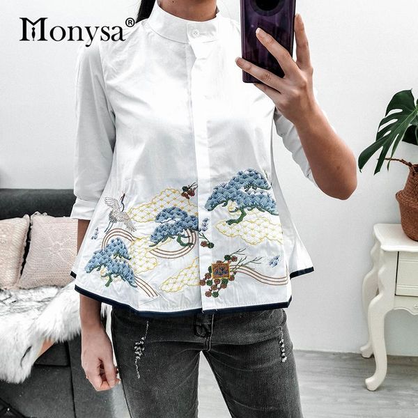 

women's blouses & shirts white elegant women 2021 arrival summer fashion stand collar embroidery ladies half sleeve doll shirt
