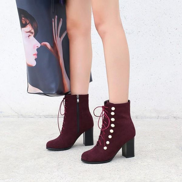 

boots oversized euro-american wind-pointed heavy heel lace metal decorative short, Black