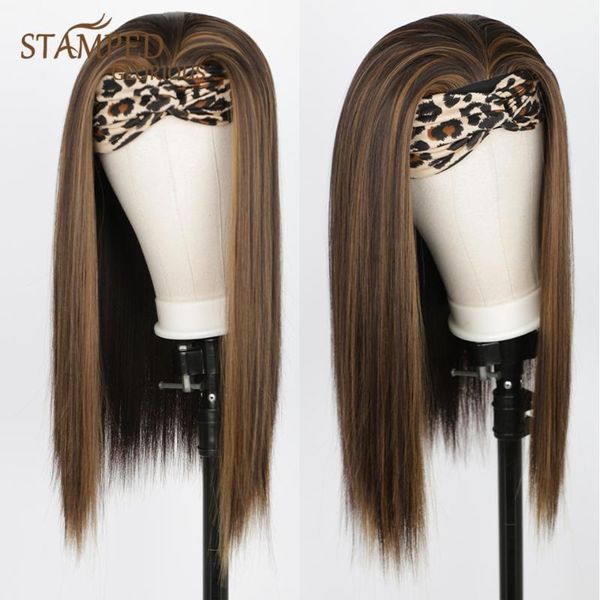 

synthetic wigs stamped glorious straight highlight headband wig for women mixed brown ombre honey blonde daily party cosplay, Black