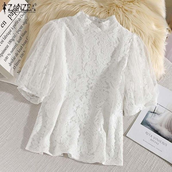 

women's blouses & shirts women lace patchwork blouse 2022 summer elegant office lady casual solid puff sleeve loose zipper overs, White