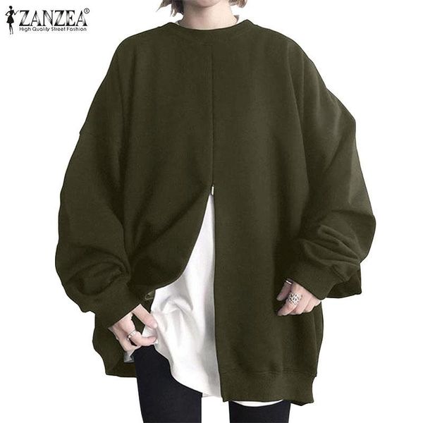 

women's hoodies & sweatshirts stylish zipper front split zanzea 2021 casual long sleeve pullover female o neck tunic oversized top, Black