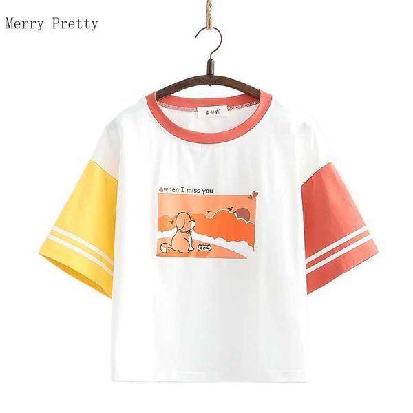 

cartoon dog print casual women harajuku t-shirts summer short sleeve o-neck ladies kawaii cute patchwork basic tees 210526, White