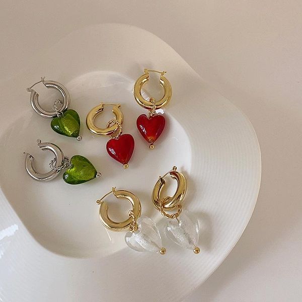 

hoop & huggie minar french green transparent red color glass love earrings for women gold hooks heart wedding jewellery, Golden;silver