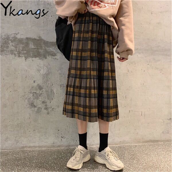 

2021 winter vintage wool pleated plaid women high waist plus size 3xl long autumn harajuku party skirt streetwear yevv, Black