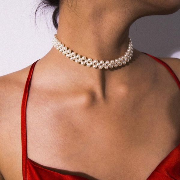 

fashion street shooting multi-layer imitation pearl clavicle short necklace temperament geometric pearl lady necklace, Golden;silver