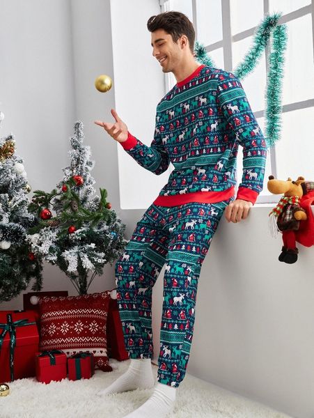 

men christmas print contrast trim sweatshirt & sweatpants a25o#, Gray