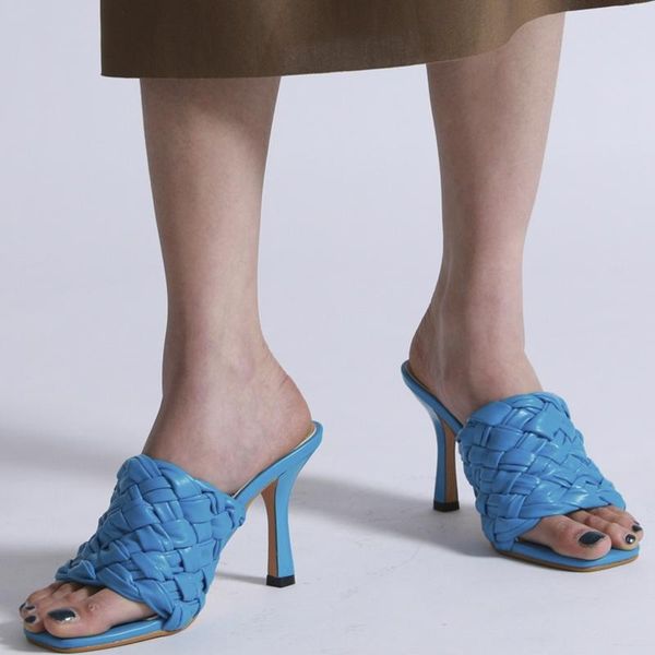 

daily single braiding style band square peep toe thin heel slip-on summer women sandals shoes high heel slippers slides shoes, Black